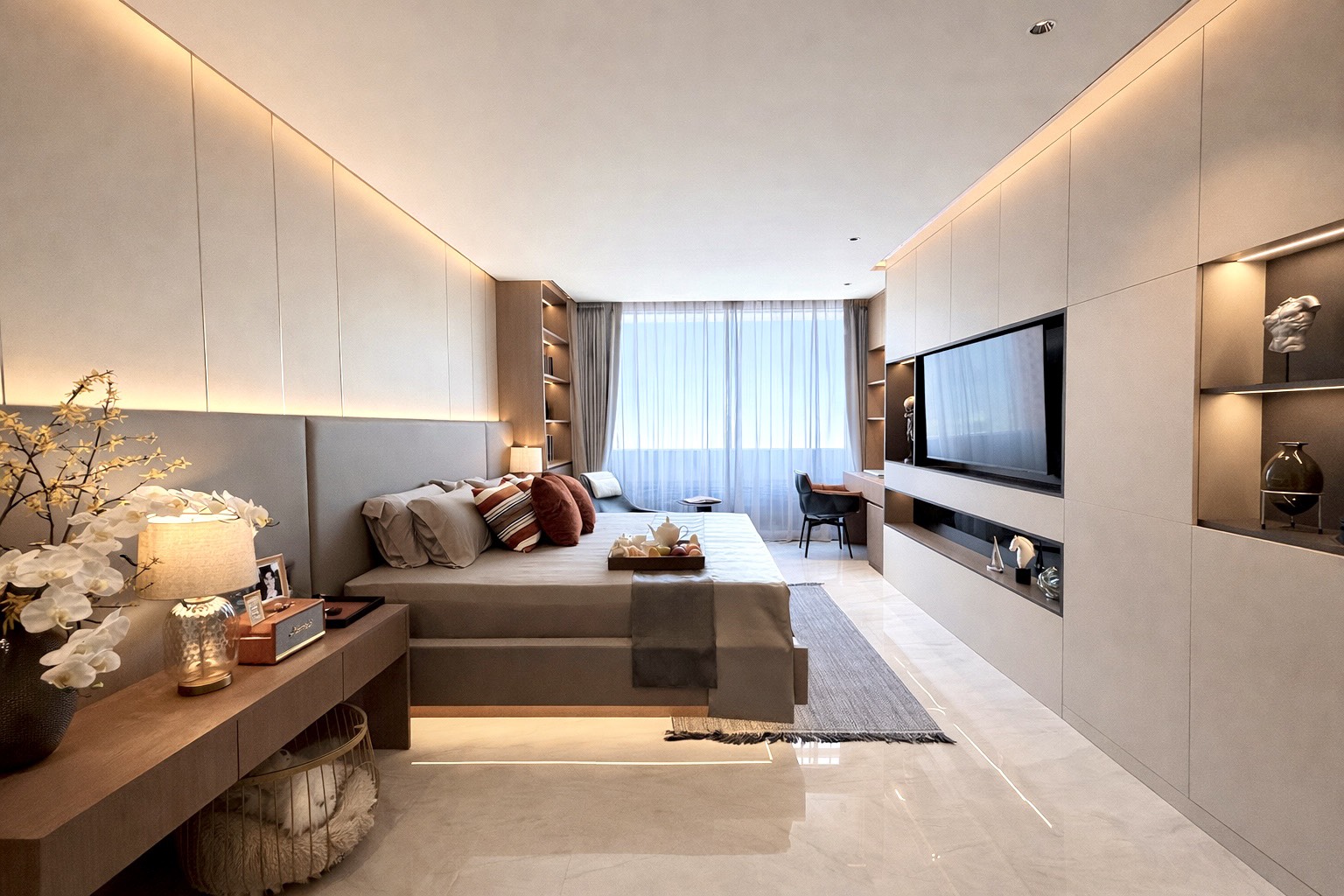 Luxury bedroom with panoramic window view